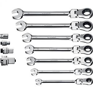 Набор комбинированных гаечных ключей трещоточных шарнирных с адаптерами, 10 шт, 8 - 19 мм, ЗУБР 27102-Н10